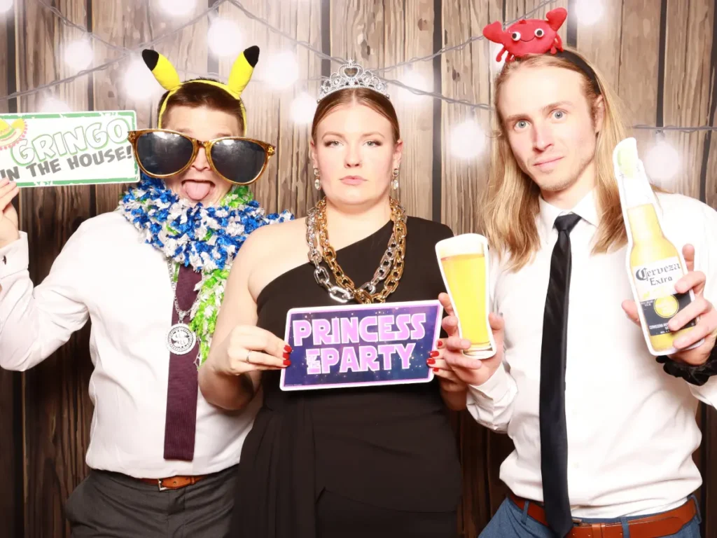 Wedding photo booth guest portrait with props at Brookside Gardens in Berthoud CO