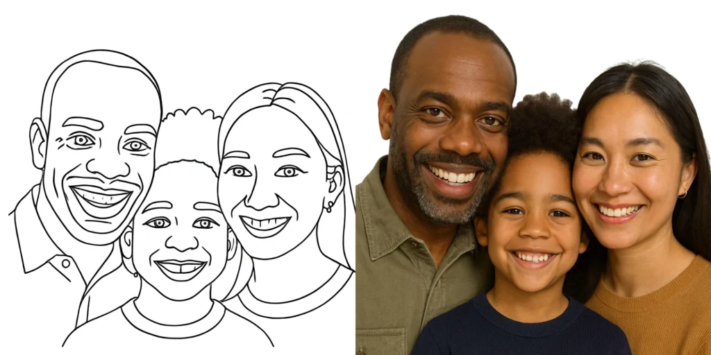 Before and after multi-subject AI sketch created with Draw ME Bot
